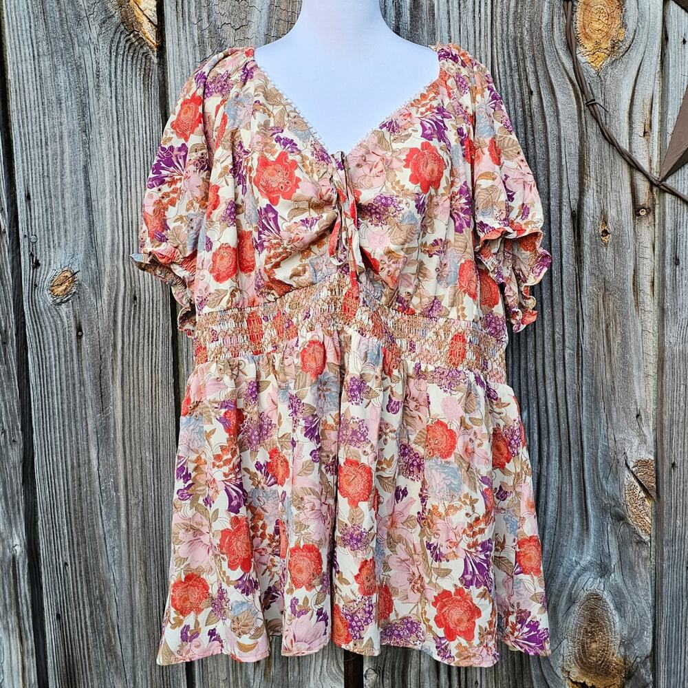 Torrid Babydoll Top Plus Size 4X Floral Print Eyelet Smocked Corset Puff Sleeve